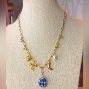 Sweetheart 🎀 painted ceramic charms necklace on 18kt gold plated 18.5 chain